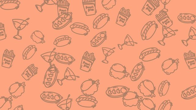 Repeated drawings of peach pie, martini glass, sandwich, taco in a doodle pattern on an orange background. Suitable for foodthemed designs or products.