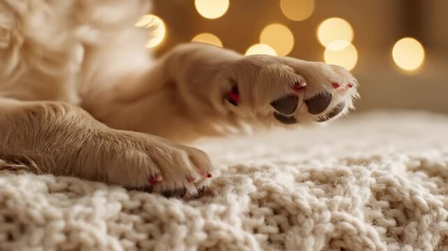 Close-up of a cute puppy paw with painted claws resting on a textured blanket with bokeh lights