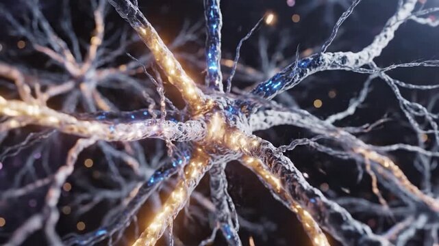 Close-up of a glowing neural network with electrical impulses transmitting through its connections