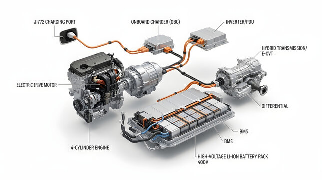Electric vehicle drivetrain architecture infographic with battery pack, motor, inverter, charging port and high voltage cable connections