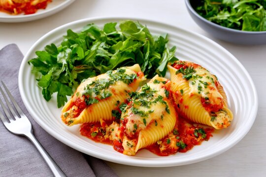 Baked Italian stuffed pasta shells with ricotta and marinara