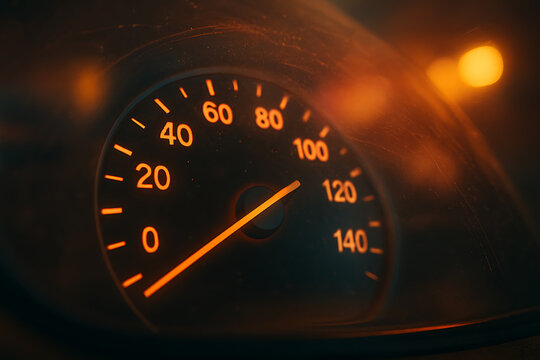 Glowing orange speedometer gauge in dark car dashboard close up