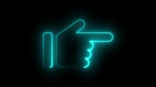 Neon blue glowing hand pointer animation on black background, for digital interface, cursor