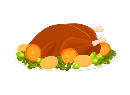 Roasted whole turkey served with orange slices and green garnish thanksgiving celebration traditional christmas culinary