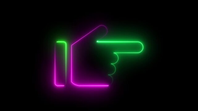 Neon glowing hand pointer animation, digital ui direction symbol, vibrant purple and green light effect on black background, for modern interface