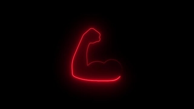 Glowing red neon bicep flex animation, symbol of strength and fitness power, isolated on black background, for sports branding, and health concepts