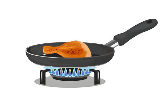 Cooking a chicken drumstick in a frying pan on gas stove with fryingpan drumstick culinary prepared roasting delicious