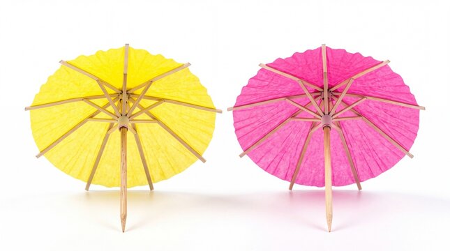 Vibrant yellow and pink cocktail umbrellas featuring delicate bamboo structures displayed in a professional studio setting placed on white background