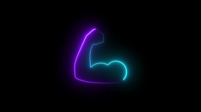 Neon bicep flex animation, glowing fitness and strength symbol for health and gym branding muscle