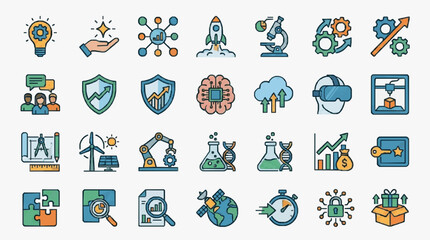 Fototapeta premium Sleek Colorful Flat Icons Set Featuring Innovation Technology Science Business and Industry Concepts in Modern Style