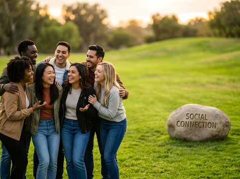 Diverse group of multiethnic young adults laughing and embracing in a green park during sunset, with a landscape rock engraved with the words Social Connection in the background.