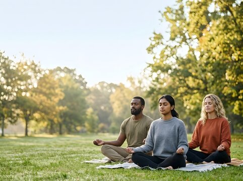 Diverse group of multiethnic friends sitting in lotus position meditating on grass in sunlit park. Man and two women practicing mindfulness and mental wellness outdoors.