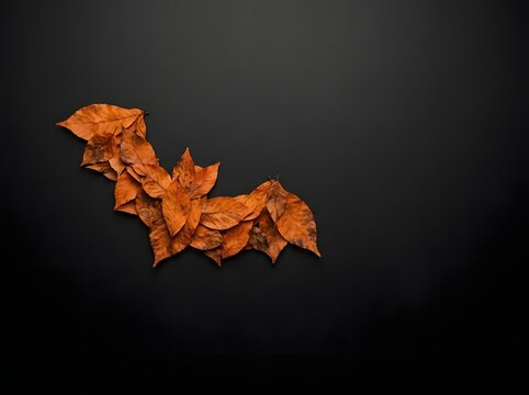 Dried orange autumn leaves arranged in a bat silhouette on a dark black background. Bird's-eye view of seasonal foliage forming a spooky Halloween symbol with copy space.