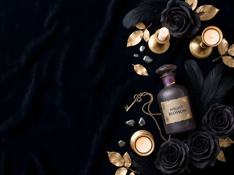 Elegant Gothic Flat Lay on Black Velvet with Black Roses, Gold Leaves, Lit Candles in Gold Holders, Vintage Key, and Frosted Apothecary Bottle Labeled Night Blossom for Halloween