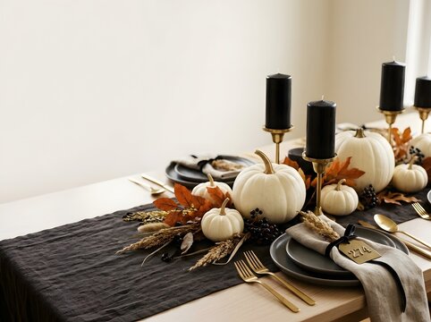 Elegant Halloween table setting featuring white pumpkins, black pillar candles on gold stands, charcoal linen runner, gold cutlery, and autumn leaves on a light wood table.