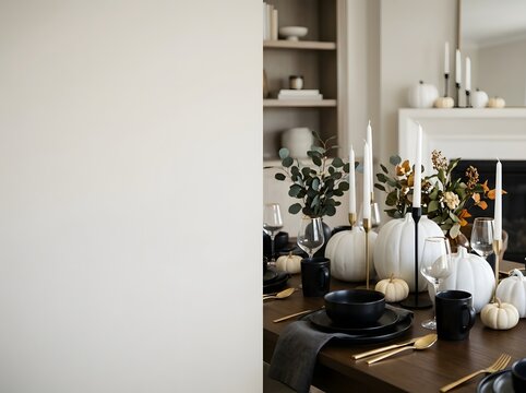 Elegant modern Halloween table setting with white ceramic pumpkins, black dinnerware, gold cutlery, and tall white candles on a wooden table near a cozy fireplace and shelving.