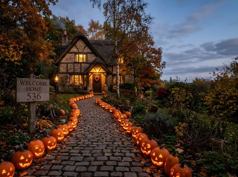 Enchanting English cottage at dusk with a cobblestone path lined by many glowing carved Halloween pumpkins, warm light in windows, autumn foliage, and a rustic welcome home sign.