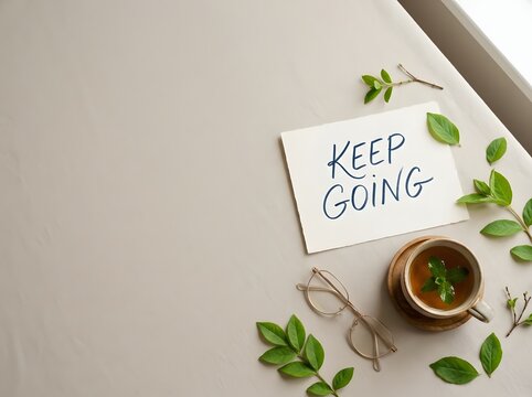 Flat lay composition featuring a handwritten Keep Going motivational note, a cup of herbal tea with fresh mint leaves, spectacles, and green foliage on a neutral beige tabletop.