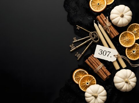 Flat lay composition of white mini pumpkins, dried orange slices, cinnamon sticks, vintage brass keys, and candles on black lace over a dark background with copy space.