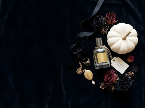 Flat lay composition on black velvet fabric with a glass perfume bottle, white mini pumpkin, vintage gold locket necklace, gold ring, dried dark red and black roses, and a ribbon.