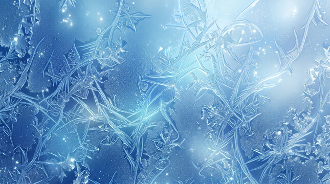 Frosted glass texture with ice crystals. Winter window pattern with cold blue background.