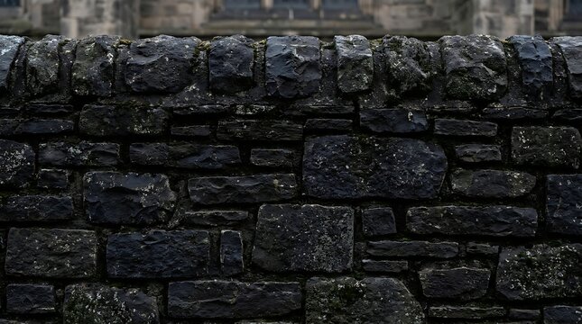 Closeup of a rustic dark stone wall with weathered texture and moss, featuring stacked masonry blocks and a rough stone top border