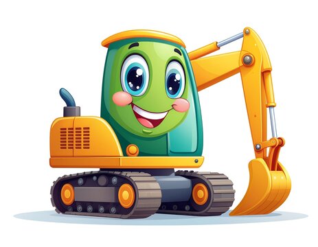 Cartoon construction vehicle with smiling face character.