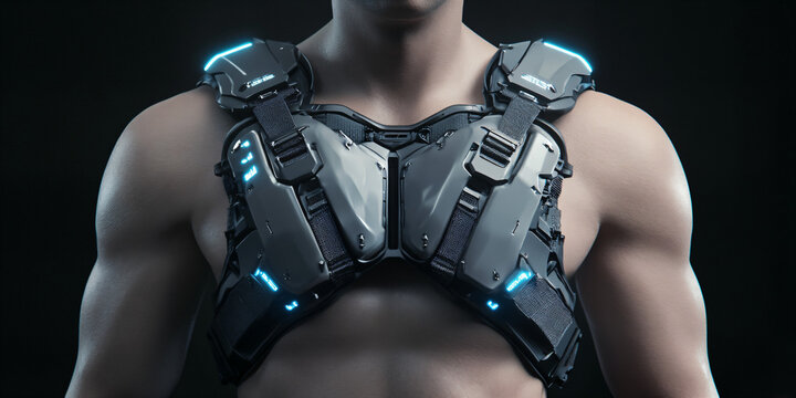 Futuristic Cybernetic Chest Armor with Glowing Blue Neon Lights on Muscular Male Torso