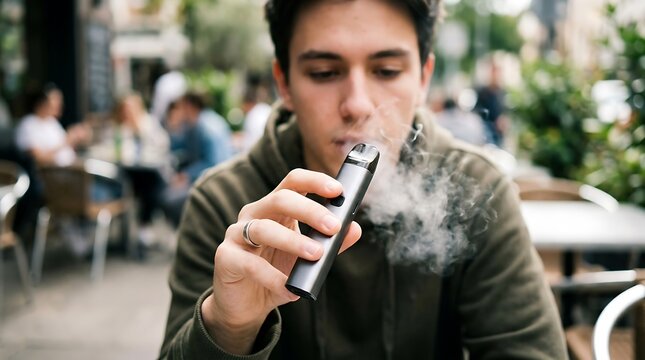 Young man inhales vapor from an electronic cigarette at a cafe.