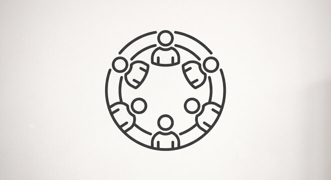 Minimalist line art icon representing a circle of people collaborating together.