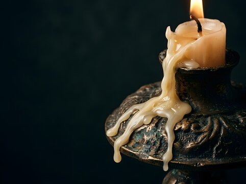 Macro close-up of a lit white candle melting with thick wax drips over an antique ornate brass candlestick holder against a dark atmospheric background, high detail texture.