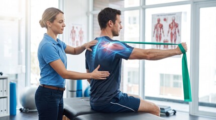 Fototapeta premium Physiotherapist Assisting Male Patient Performing Shoulder Rehabilitation Exercise