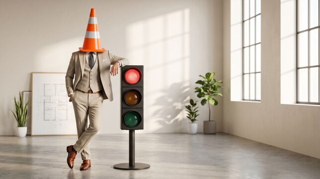 Businessman With Traffic Cone Head Beside Red Traffic Light