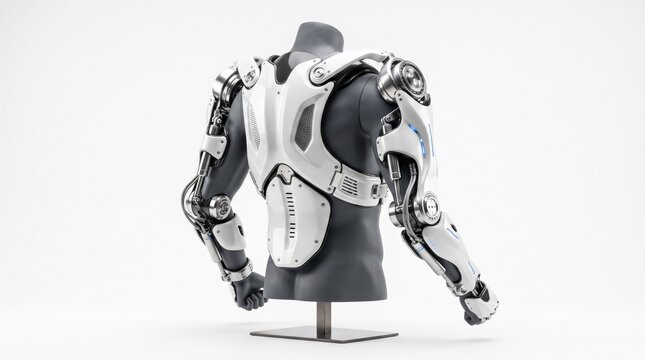 Advanced robotic exoskeleton for medical rehabilitation. Futuristic wearable tech enhancing human mobility and strength.