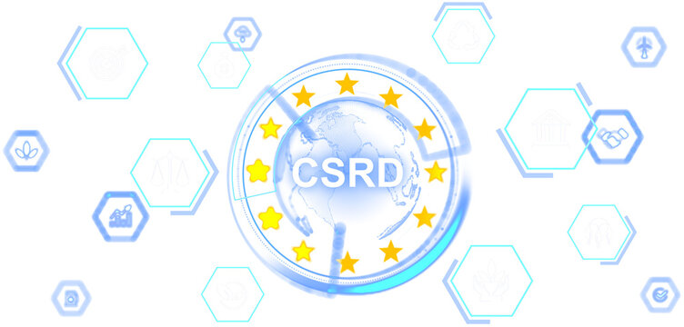 CSRD sustainability reporting concept with globe, stars, compliance symbols and business responsibility icons in graphic form on white background