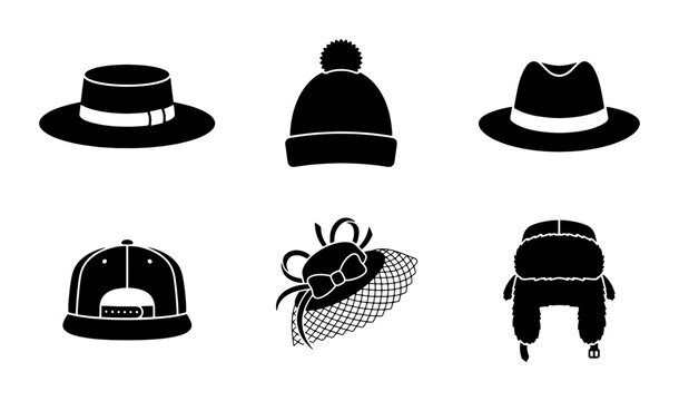 Diverse Hat Collection Vector Icons, Fashion Headwear Silhouettes, Winter Beanies and Summer Caps, Classic Fedoras and Elegant Fascinators, Versatile Accessory Graphics