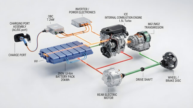 Exploded electric vehicle powertrain diagram showing battery pack, electric motor, inverter, charging system and connected components