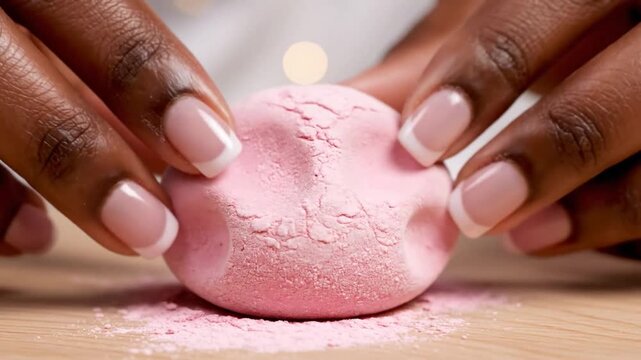 Hands gently squeezing a soft pastel pink mochi ball covered in powder