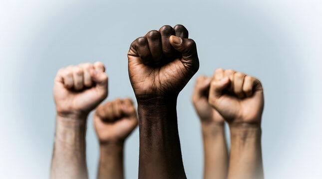 Diverse hands raised in unity against a light background showing solidarity with captures five tightly clenched fists raised unison against soft