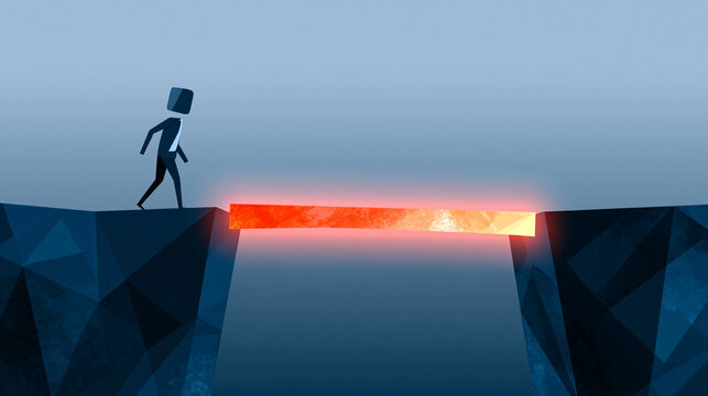 A stylized figure walks across a glowing bridge spanning a dark gap, symbolizing overcoming obstacles or bridging divides.