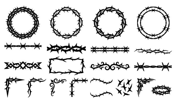 Black Tribal Thorn and Barbed Wire Border Vector Set with Crown of Thorns