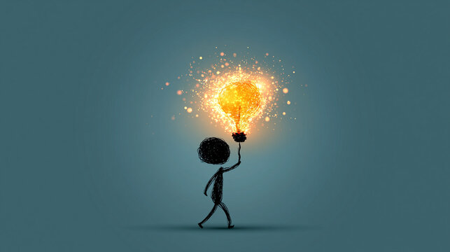 A stick figure holds a glowing, sparkling light bulb symbolizing creativity and bright ideas against a dark background.