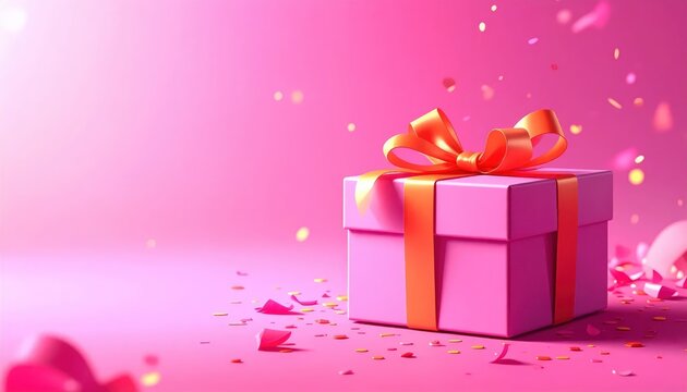 Pink gift box with orange ribbon and confetti against a gradient background