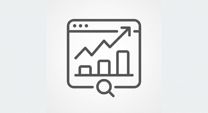 Minimalist icon of a web browser window showing a rising bar chart and upward arrow graph.