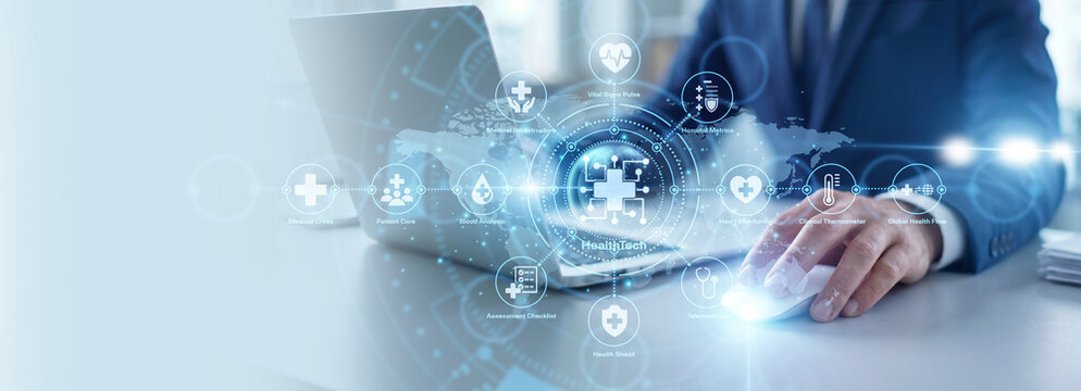 Medical researcher working on laptop, HealthTech innovation and digital healthcare systems. Modern medical technology and patient data management. Healthcare software and wellness solutions.