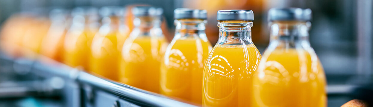 Rows of glass bottles filled with orange juice on a conveyor belt in a production line, ready for packaging and distribution.