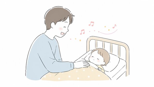 父親がベッドで眠る赤ちゃんに子守唄を歌い寝かしつける優しい親子のイラスト