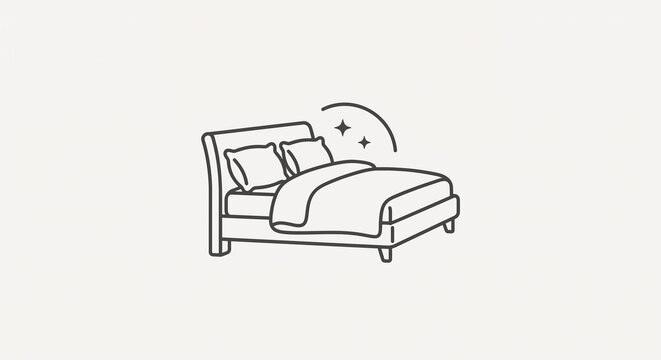 A minimalist black and white line art illustration of a clean bed with pillows and a duvet.