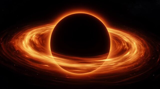 Black hole with glowing accretion disk in deep space, astronomy cosmic scene with orange light, dark celestial ring, radiant stellar matter and event horizon rotation
