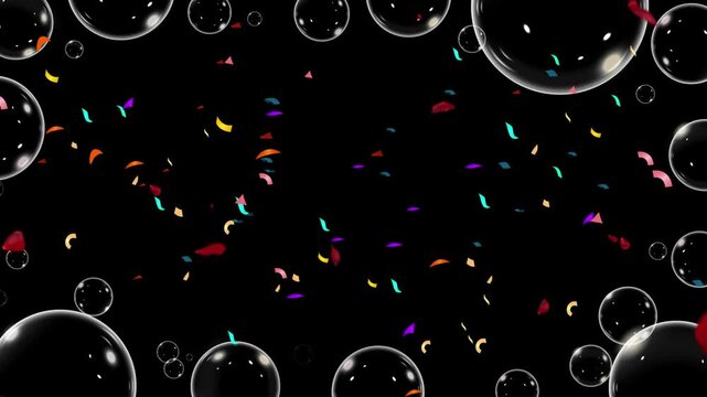 Soap bubbles and colorful confetti fragments float against a deep black background, creating an abstract frame that offers ample empty space for custom graphic designs or festive text overlays.